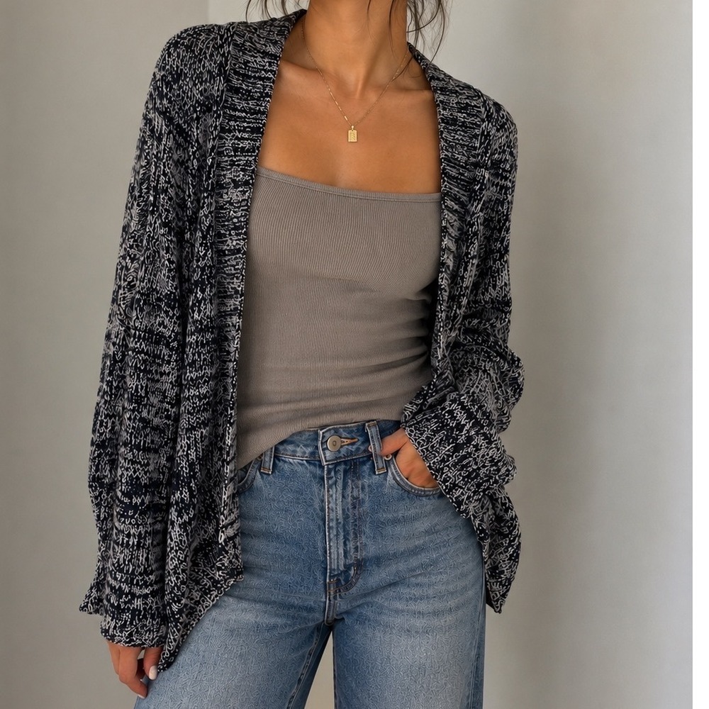Brochu Walker Navy White Space Dye Chunky Knit Open Front Cardigan Sweater L gg